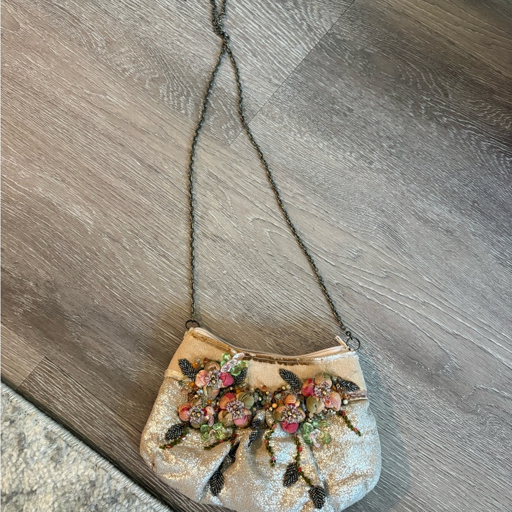 Beaded Floral Embellished Cream Evening Crossbody Bag